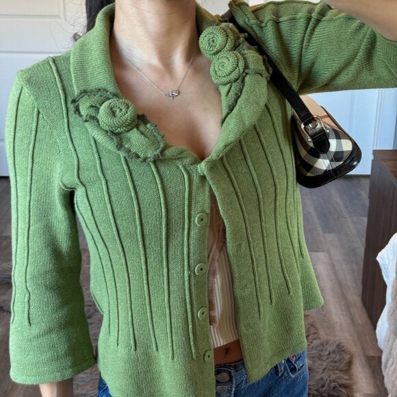 Vintage Y2K CAbi Green Knit Cardigan Cottagecore Rosette Collar Coquette Sweater - Picture 2 of 11
